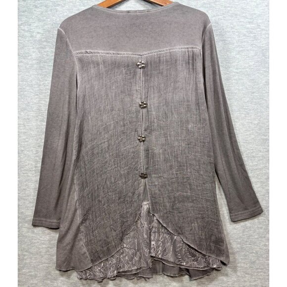 Pretty Angel Gray Tunic Top With Crochet Lace Button Back  Boho S Linen - Picture 6 of 6